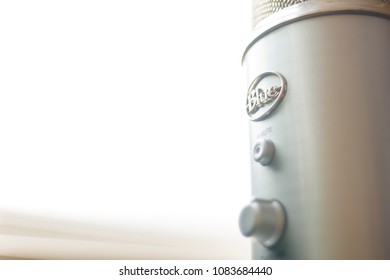 Bishkek, Kyrgyzstan - 17 February, 2018: Blue Yeti USB Microphone Logo. Mic In Studio