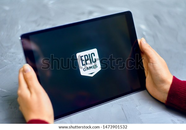 Bishkek, Kyrgyzstan - January 21, 2019: Logo of Epic Games on apple ios tablet ipad pro. Epic Games is an American video game and software development corporation