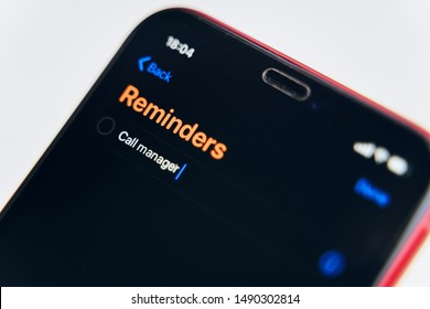 Bishkek, Kyrgyzstan - July 6 2019: New Reminders Application In Ios 13. On The Screen Of The IPhone Is Open A Reminder Of Stuff.