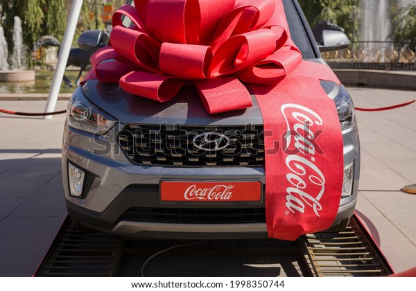 Bishkek , Kyrgyzstan  June 27 , 2021 : Hyundai car\
as a gift from Coca\
Cola