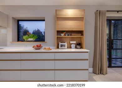 Bishop Stortford, England - December 13 2016: Luxury Modern Contemporary Fitted Kitchen Cabinet Detail With Open Shelving Unit