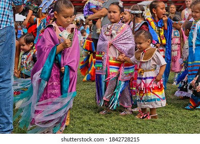 BISMARK, NORTH DAKOTA, September 8, 2018 : Children At 49th Annual United Tribes Pow Wow, One Large Outdoor Event That Gathers More Than 900 Dancers And Musicians Celebrating Native American Culture.