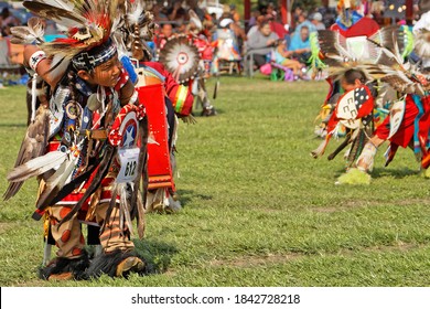 BISMARK, NORTH DAKOTA, September 8, 2018 : Young Dancer Of The 49th Annual United Tribes Pow Wow, One Large Outdoor Event That Gathers 900 Dancers And Musicians Celebrating Native American Culture.