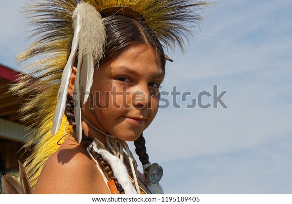 BISMARK, NORTH DAKOTA, September 8, 2018 :\
Portrait of a young Sioux at 49th annual United Tribes Pow Wow, a\
large outdoor event that gathers more than 900 dancers  celebrating\
native american\
culture