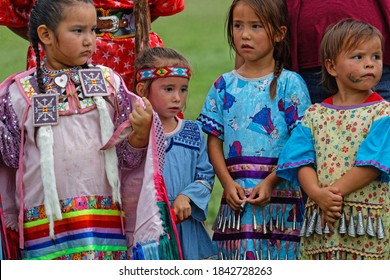 BISMARK, NORTH DAKOTA, September 9, 2018 : Children At The 49th Annual United Tribes Pow Wow, One Large Outdoor Event That Gathers Dancers And Musicians Celebrating Native American Culture.