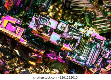 bismuth hopper crystal macro detail texture background. close-up raw rough unpolished semi-precious gemstone