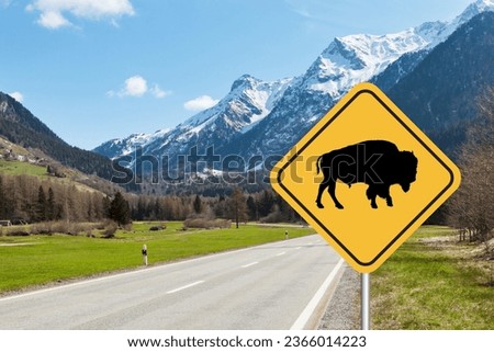 Bison Crossing Area Sign on Road