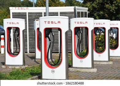 Bispingen, Germany - September 17, 2020: Tesla Supercharger Station near Bispingen, Germany - Tesla is an American electic vehicle and clean energy company