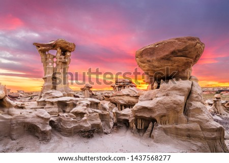 Bisti/De-Na-Zin Wilderness, New Mexico, USA at the Alien Throne rock formation just after sunset.
