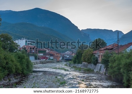 Bistrica river flowing through center of Peja in Kosovo