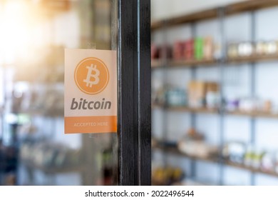 Bitcoin accepted here. Bitcoin BTC Logo accept payment by crypto currency. Digital money concept. Virtual Money Cryptocurrency.  - Shutterstock ID 2022496544