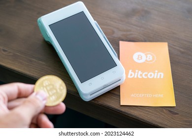 Bitcoin Accepted Here. Bitcoin BTC Logo Accept Payment By Crypto Currency. Digital Money Concept. Virtual Money Cryptocurrency. 