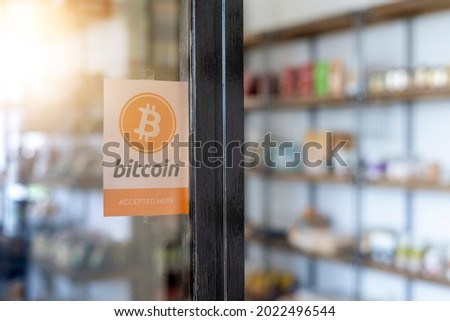 Bitcoin accepted here. Bitcoin BTC Logo accept payment by crypto currency. Digital money concept. Virtual Money Cryptocurrency. 