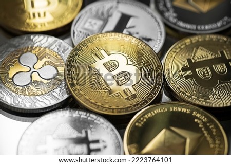 Bitcoin and alt coins cryptocurrency close up shoot