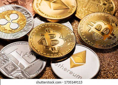 Bitcoin and altcoins cryptocurrency close up shoot