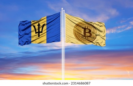 Bitcoin and Barbados two flags on flagpoles and blue sky
