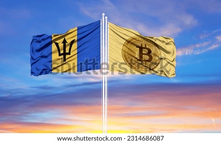 Bitcoin and Barbados two flags on flagpoles and blue sky
