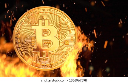 Bitcoin - bit coin BTC cryptocurrency money burning in flames and fire sparkles