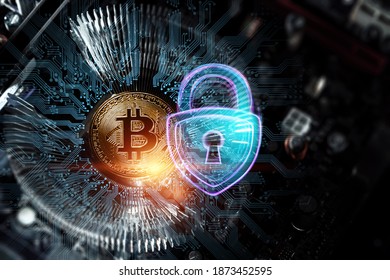 Bitcoin and blockchain concept, padlock hologram. Cryptocurrency, electronic money, data protection. Mixed media