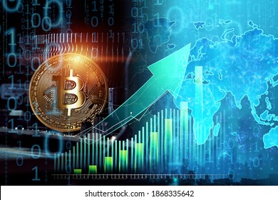 Bitcoin and blockchain concept, rise and fall of bitcoin price. Cryptocurrency concept, electronic money. Bitcoin with price chart and money world map