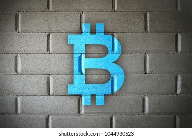 Bitcoin blockchain solid wall security and studry security with white brick background.  Bright color bitboin logo.
