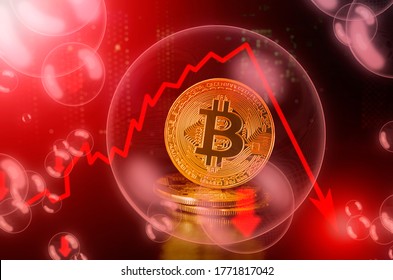 Bitcoin BTC coin in a soap bubble. Risks and dangers of investing to Bitcoin cryptocurrency. Collapse of the exchange rate. Unstable concept. Down drop crash bubble - Shutterstock ID 1771817042