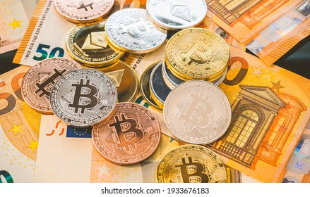 Bitcoin BTC Coins On Bills Of Euro Banknotes. Worldwide Virtual Internet Cryptocurrency And Digital Payment System. Digital Coin Crypto Money On Bitcoin Farm In Digital Cyberspace