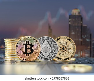 Bitcoin BTC cryptocurrency coin with altcoin digital crypto currency tokens, ETH Ethereum, ADA Cardano for defi decentralized financial banking p2p global investment financial tech business market 