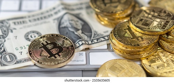 Bitcoin BTC cryptocurrency coin digital crypto currency token on USD US dollar bill for defi decentralized financial banking p2p business and world stock exchange investment technology