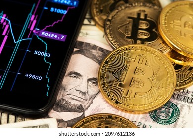 Bitcoin BTC Cryptocurrency Coins and US Dollar banknotes next to mobile phone showing candlestick chart graph. Background with Cryptocurrency Bitcoin and US Dollar. Stock market concept. BTC to USD 