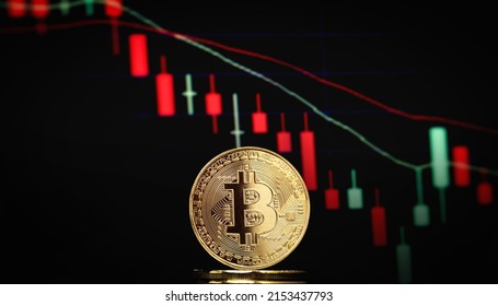 Bitcoin BTC representation coin and the concept of trading stock markets at the blurred background.