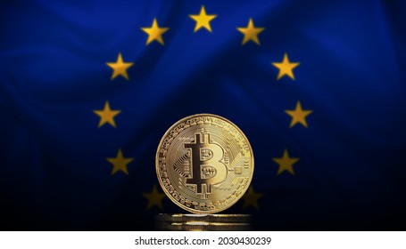 Bitcoin BTC Representation Coin With The Flag Of The European Union EU  In Background.