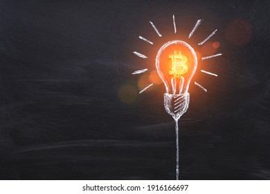 Bitcoin Business Idea. Cryptocurrency Symbol In Light Bulb. Creativity, Thinking. Lightbulb Drawed By Chalk Representing Generating Ideas For Business On Dark Background.