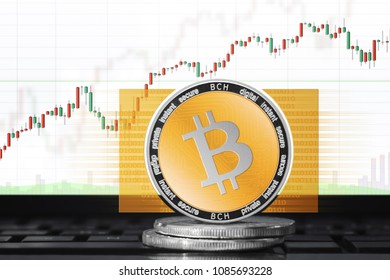 BITCOIN cash (BCH) cryptocurrency; physical concept bitcoin cash on the background of the chart