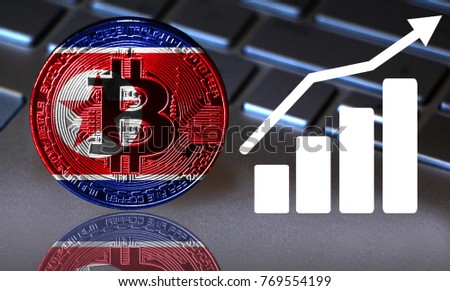 Bitcoin close-up on the keyboard background, the North Korea flag is shown on the bitcoin.