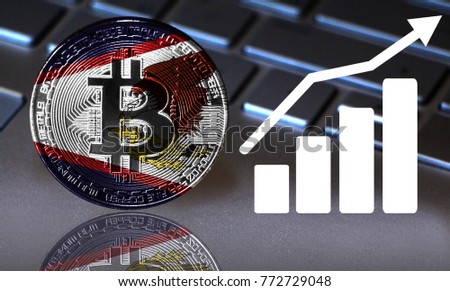 Bitcoin close-up on the keyboard background, the American Samoa flag is shown on the bitcoin.