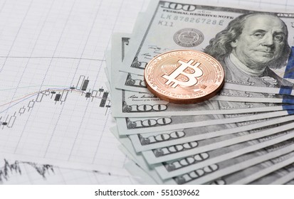 Bitcoin Coin With Money On A Stock Market Graph