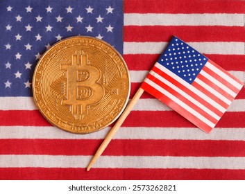 bitcoin coin on the background of the us flag Concepts of the leader of crypto us