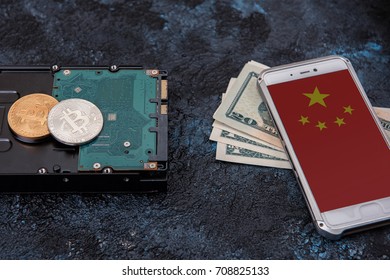 Bitcoin Coin On HDD With Smartphone With China Flag