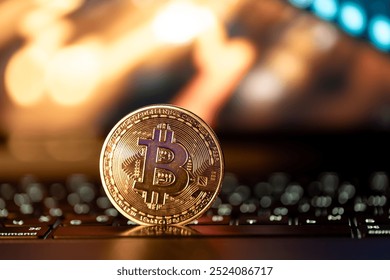 Bitcoin coin on keyboard with nice background. Crypto money concept.