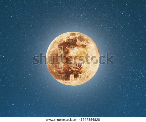 Bitcoin coin symbol on
the full moon surface, starry sky background, cryptocurrency to the
moon concept