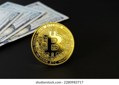 Bitcoin coins with dollar bills on black background. Virtual money concept. Concept of digital money. Bitcoin mining, online business, shopping. Copy space