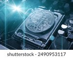 Bitcoin composition. Silver bitcoin among the electronic computer components, business concept of bitcoin digital cryptocurrency. Blockchain technology composition