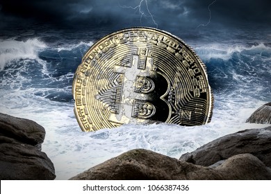 Bitcoin Crisis Crypto Coin Currency Finance Market Crash Concept Sinking In Ocean Thunderstorm Background