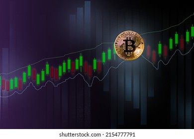 Bitcoin Crypto Currency and Bar Chart and growth candle stick in Stock Market up trend line graph.Block Chain Ethereum token. future security money banking.trade forex.business and investment  finance - Shutterstock ID 2154777791