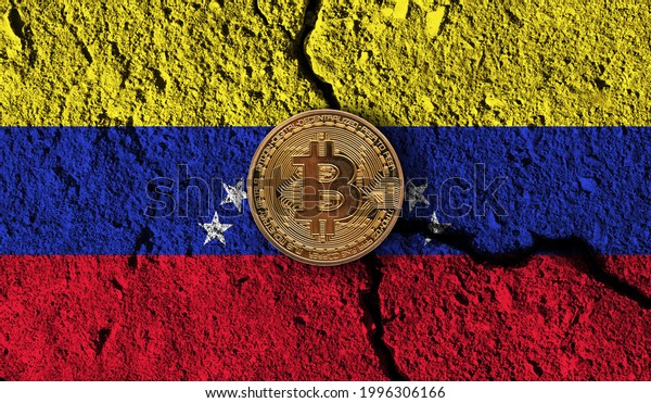Bitcoin crypto currency coin with cracked\
Venezuela flag. Crypto\
restrictions