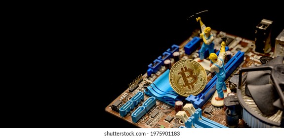 Bitcoin Of Crypto Currency With Gold, Money And Miniature Toy. New Virtual Of Technology And Business For Block Chain