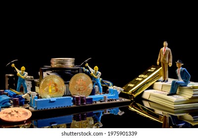 Bitcoin Of Crypto Currency With Gold, Money And Miniature Toy. New Virtual Of Technology And Business For Block Chain