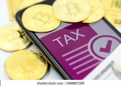 Bitcoin Crypto Currency With TAX Message And Dollars Money ,Determining The Tax Law Of Digital Money Concept .