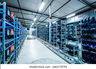 Bitcoin And Crypto Mining Farm. Big Data Center. High Tech Server Computers At Work